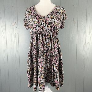 Wet Seal Mini Dress Large Black Pink Micro Floral Y2K Vintage Fairy Cottagecore‎